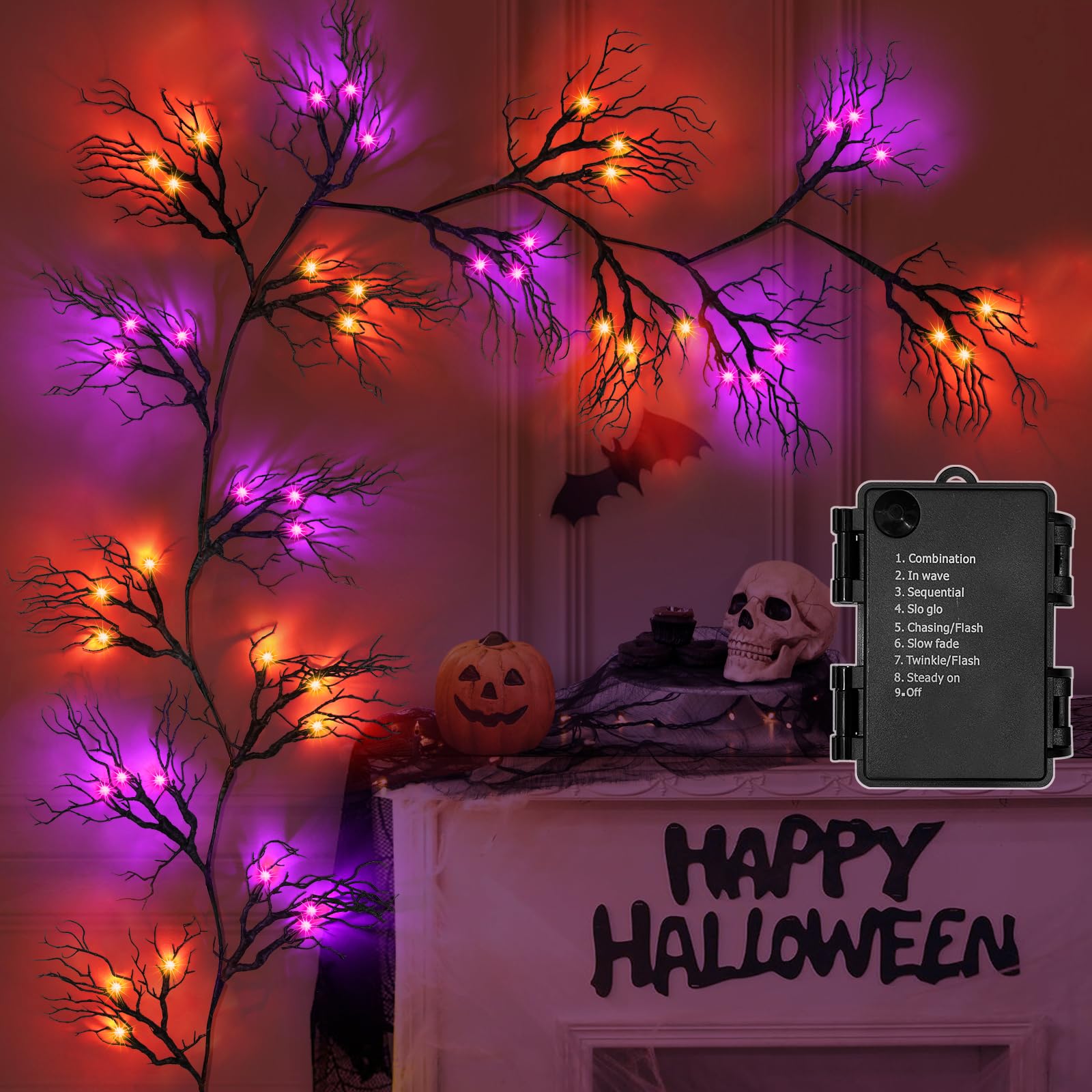 [ 8 Modes & Timer ] 6 Ft 45 LED Halloween Willow Vine Twig Garland Decorations with 15 Pumpkins Orange Lights, Battery Operated Waterproof Halloween Decorations for Home Wall Mantle Fireplace Decor