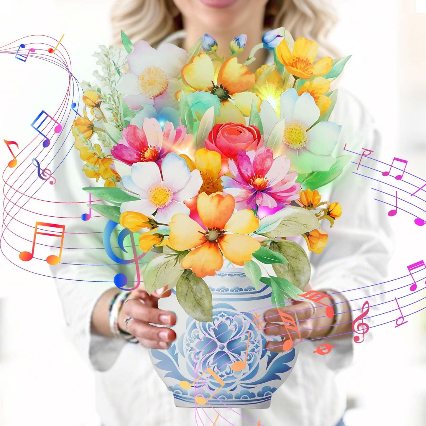 Christmas Cards with Lights and Music, Christmas Bouquet with Snowman, Popup Musical Greeting Card for Holiday New Year