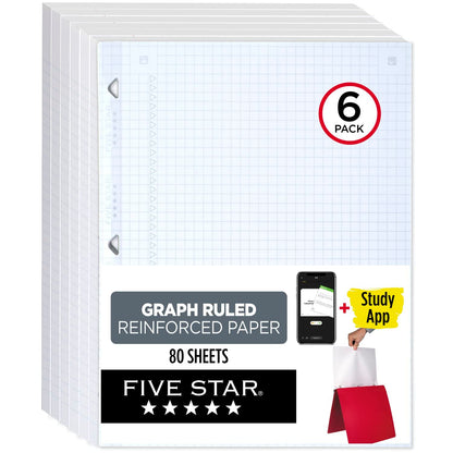 Five Star Loose Leaf Paper, Notebook Paper, Graph Paper, Reinforced Filler Paper, Fights Ink Bleed, 8.5 x 11, 100 Sheets/pack (3 count)