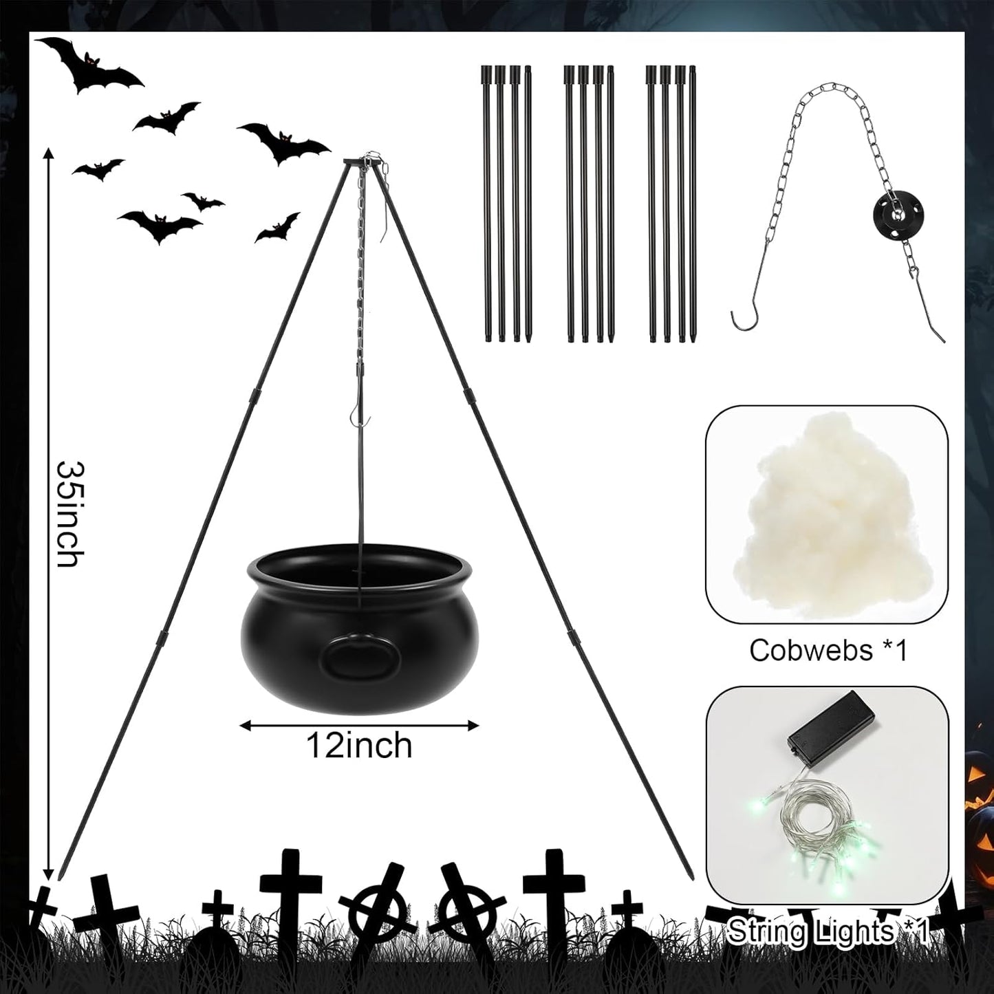 3 Pcs 71" Halloween Hanging Witch Decorations Set LED Large Outdoor Ghost with Cauldron, Sound Activated Talking Animated Prop with Broom, Tripod Outdoor Halloween Decor for Yard Lawn Garden