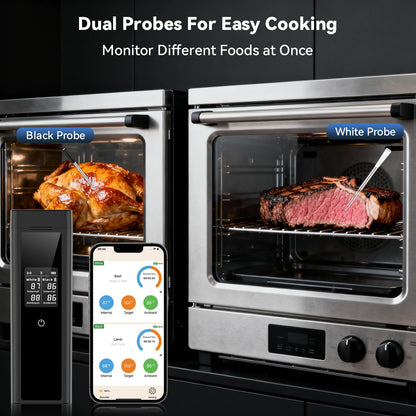 Smart Wireless Meat Thermometer Digital, 2 Probes, Advanced Bluetooth Food Thermometer for Cooking, IP67, Real-Time Monitoring & Smart Alerts for BBQ, Grill, Oven, Smoker, Kitchen Gifts for Christmas