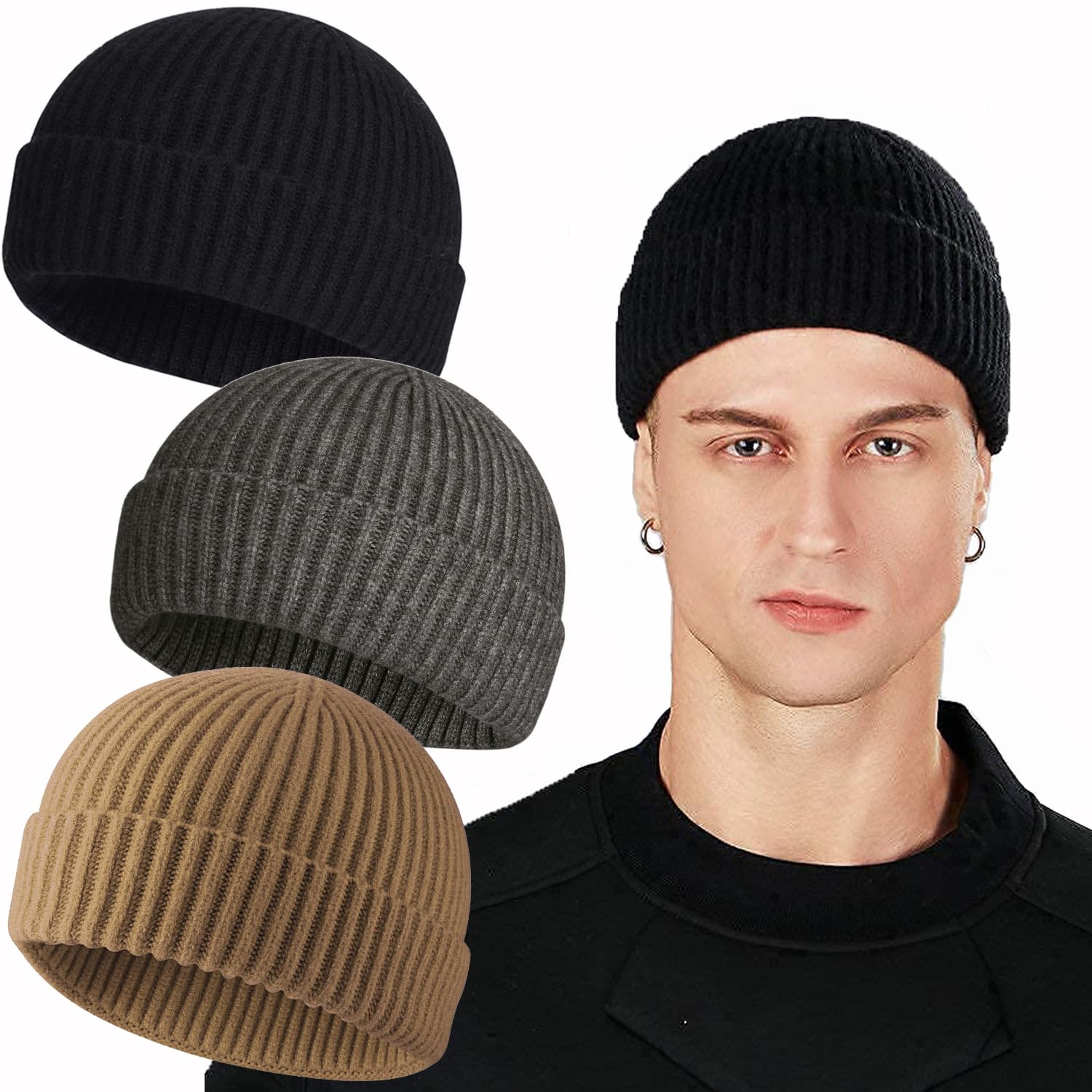 ROYBENS Swag Wool Knit Cuff Short Fisherman Beanie for Men Women, Winter Warm Hats