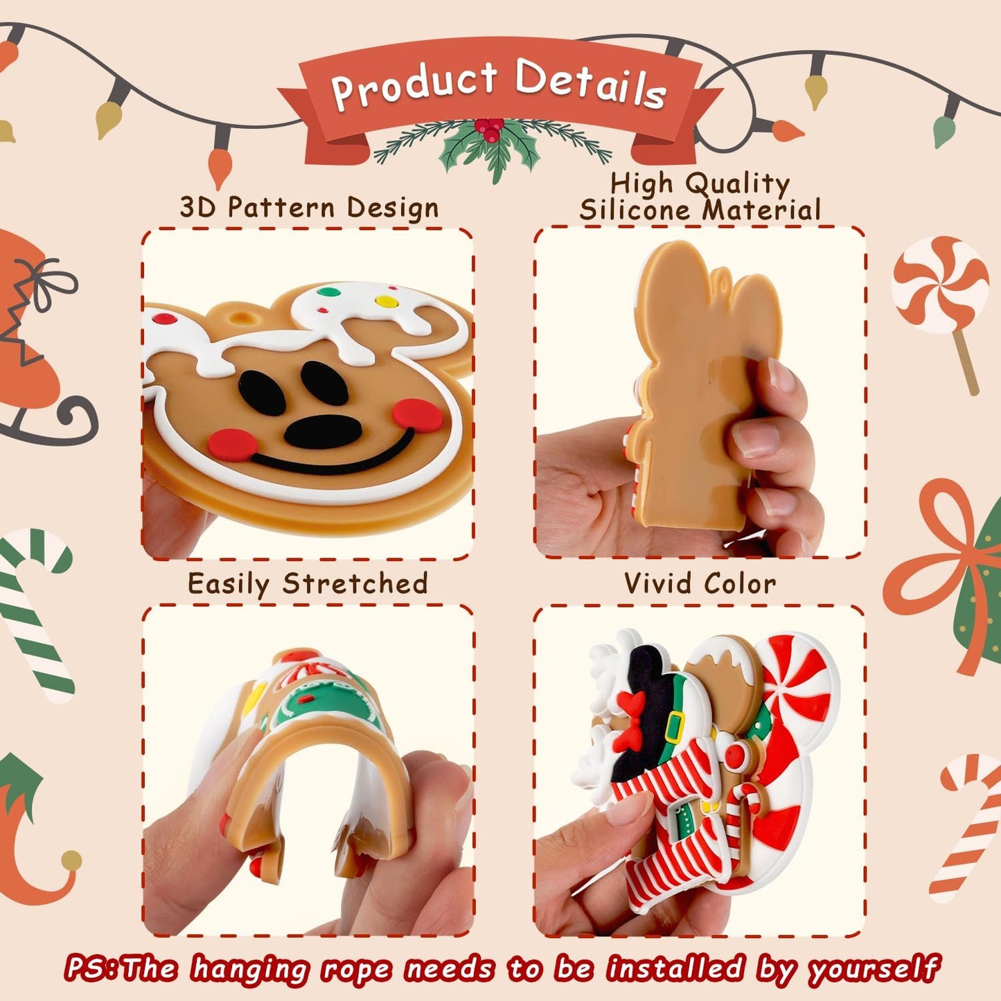 12pcs Christmas Tree Decorations Ornaments, Xmas Mouse Peppermint Candy Silicone Ornaments Hanging Pendant with Ropes for Christmas Tree Winter Holiday Party Crafts Stocking Stuffers Wreath Decor