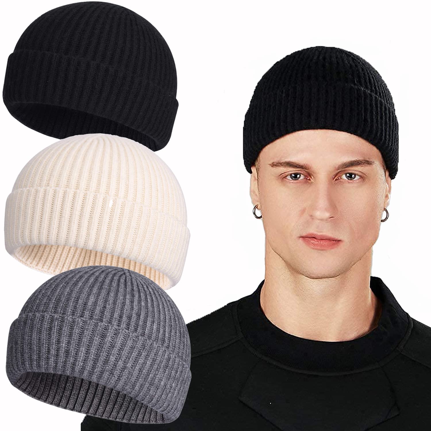 ROYBENS Swag Wool Knit Cuff Short Fisherman Beanie for Men Women, Winter Warm Hats