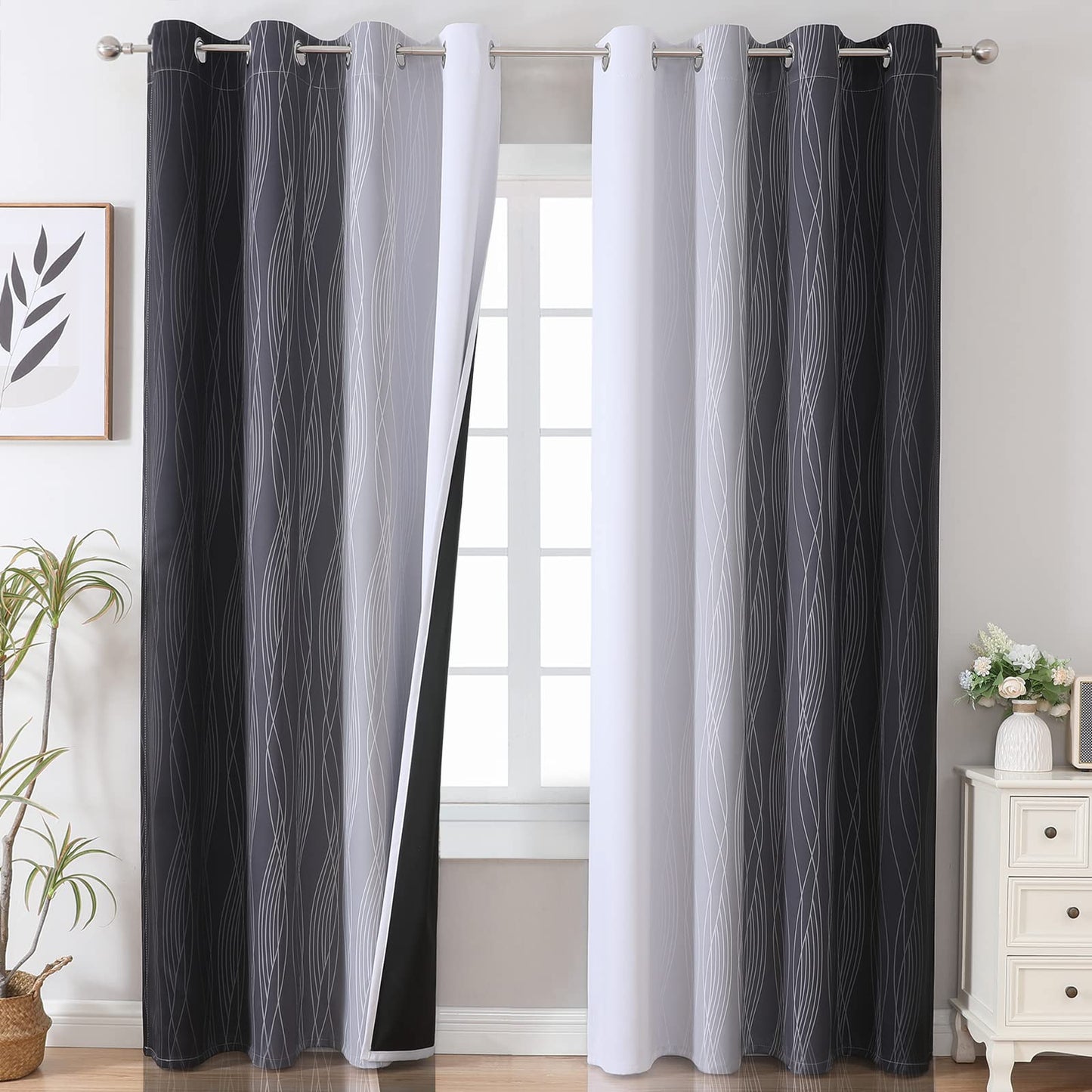 Estelar Textiler Beige and Greyish White Blackout Curtains for Living Room, Full Room Darkening Gradient Drapes for Bedroom, Thermal Insulated Ombre Grommet Curtains for Dining Room,52Wx84L,2 Panels