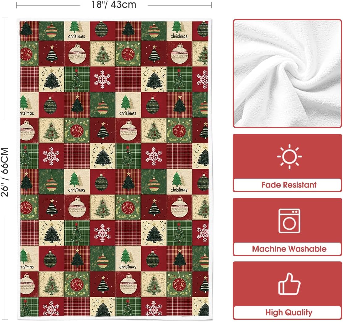 Artoid Mode Checkered Xmas Tree Ornaments Christmas Kitchen Towels Dish Towels, 18x26 Inch Farmhouse Holiday Snowflake Decoration Cleaning Set of 2