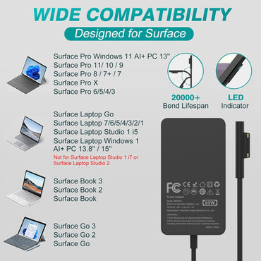 65W Surface Pro Laptop Charger for Microsoft Surface Pro 10, 9, 8, 7+, 7, 6, 5, 4, 3, X, Windows Surface Laptop 6, 5, 4, 3, 2, 1, Surface Go Tablet, Surface Book 3, 2, 1, Support 44W, 36W, LED, 10FT