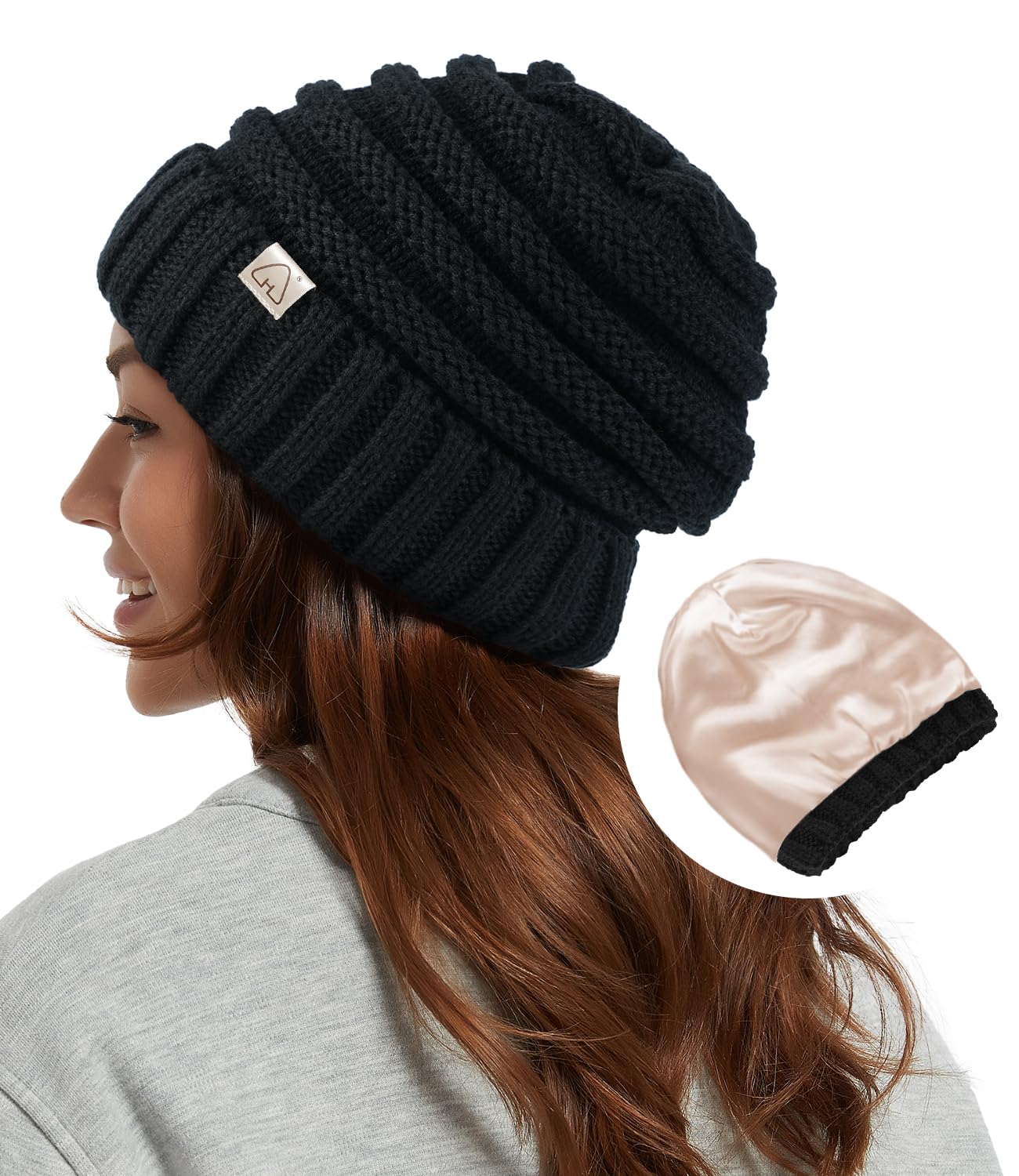 Hat Hut Womens Satin Lined Beanie Winter Hats with Silk Lining for Hair Slouchy Beanie Soft Warm Cable Knit Winter Hat
