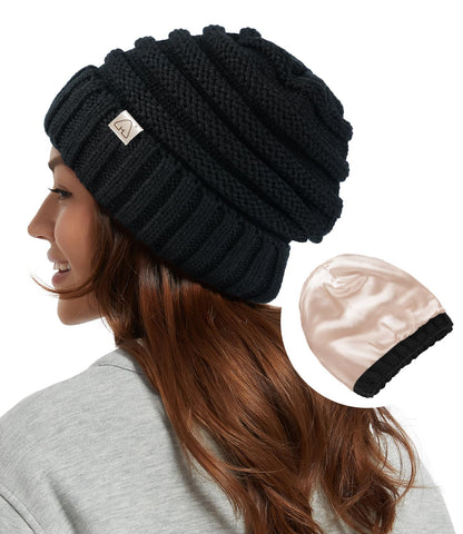 Hat Hut Womens Satin Lined Beanie Winter Hats with Silk Lining for Hair Slouchy Beanie Soft Warm Cable Knit Winter Hat