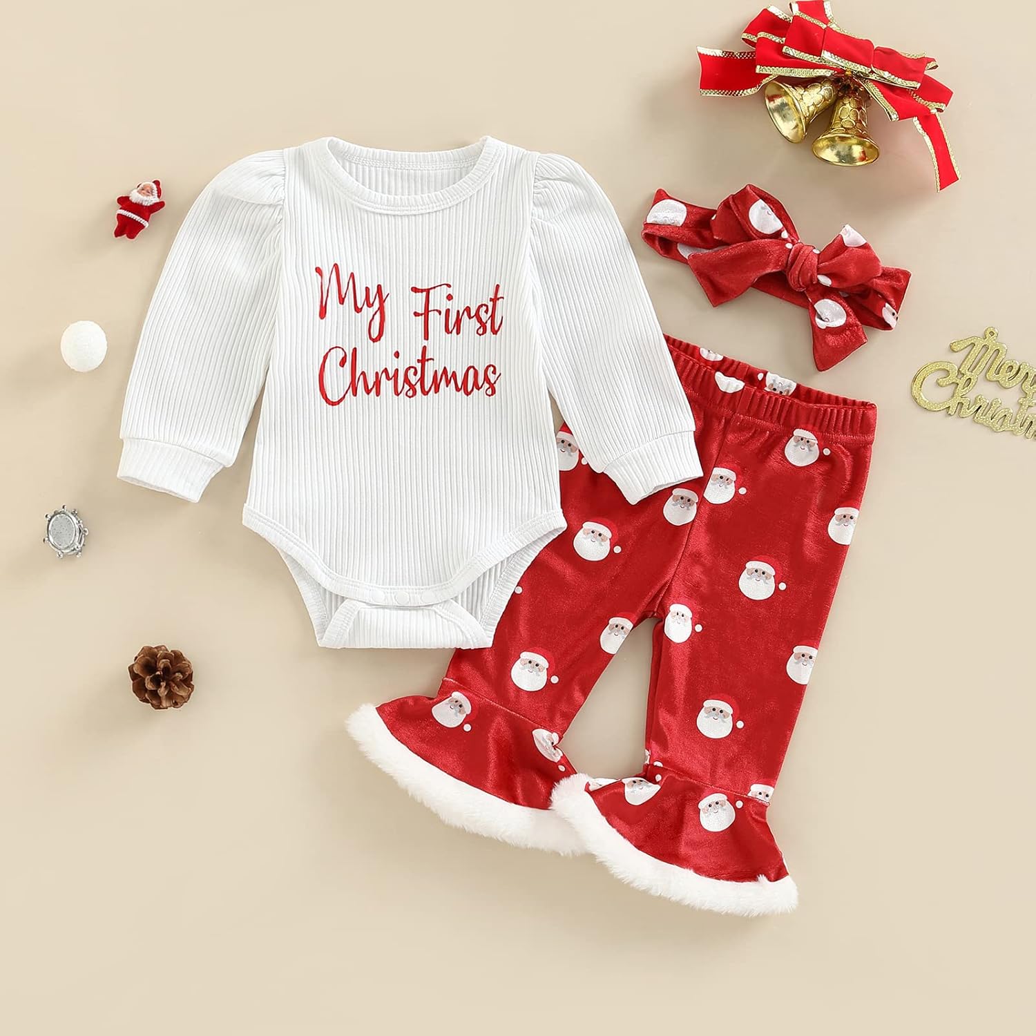 Baby Girl My 1st Christmas Outfits Letter Long Sleeve Romper Tops+Bell Bottom Pants+Headband 3 Pcs Clothes Set