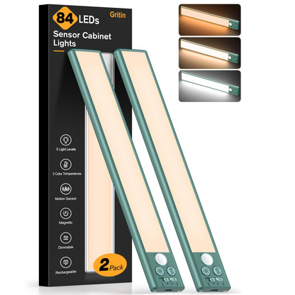 Gritin 10.2inch Under Cabinet Lighting Rechargeable -84 LED Super Bright,3-Color& 5 Level Brightness,4 Modes,Motion Sensor,Long Lasting- Easy Installation Magnetic Under Cabinet Closet Lights -2 Pack