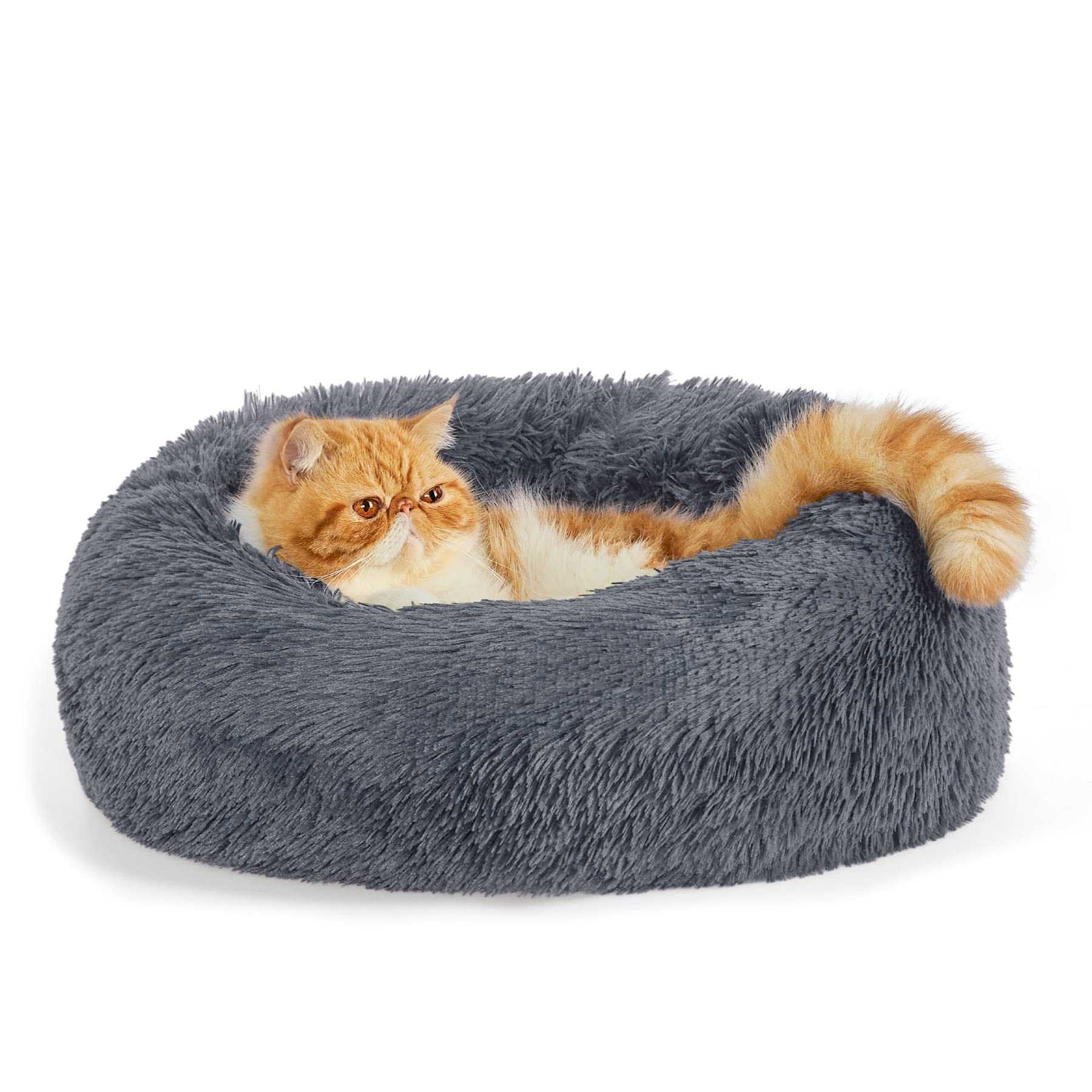 Bedsure Calming Dog Bed for Small Dogs - Donut Washable Small Pet Bed, 23 inches Anti-Slip Round Fluffy Plush Faux Fur Large Cat Bed, Fits up to 25 lbs Pets, Camel