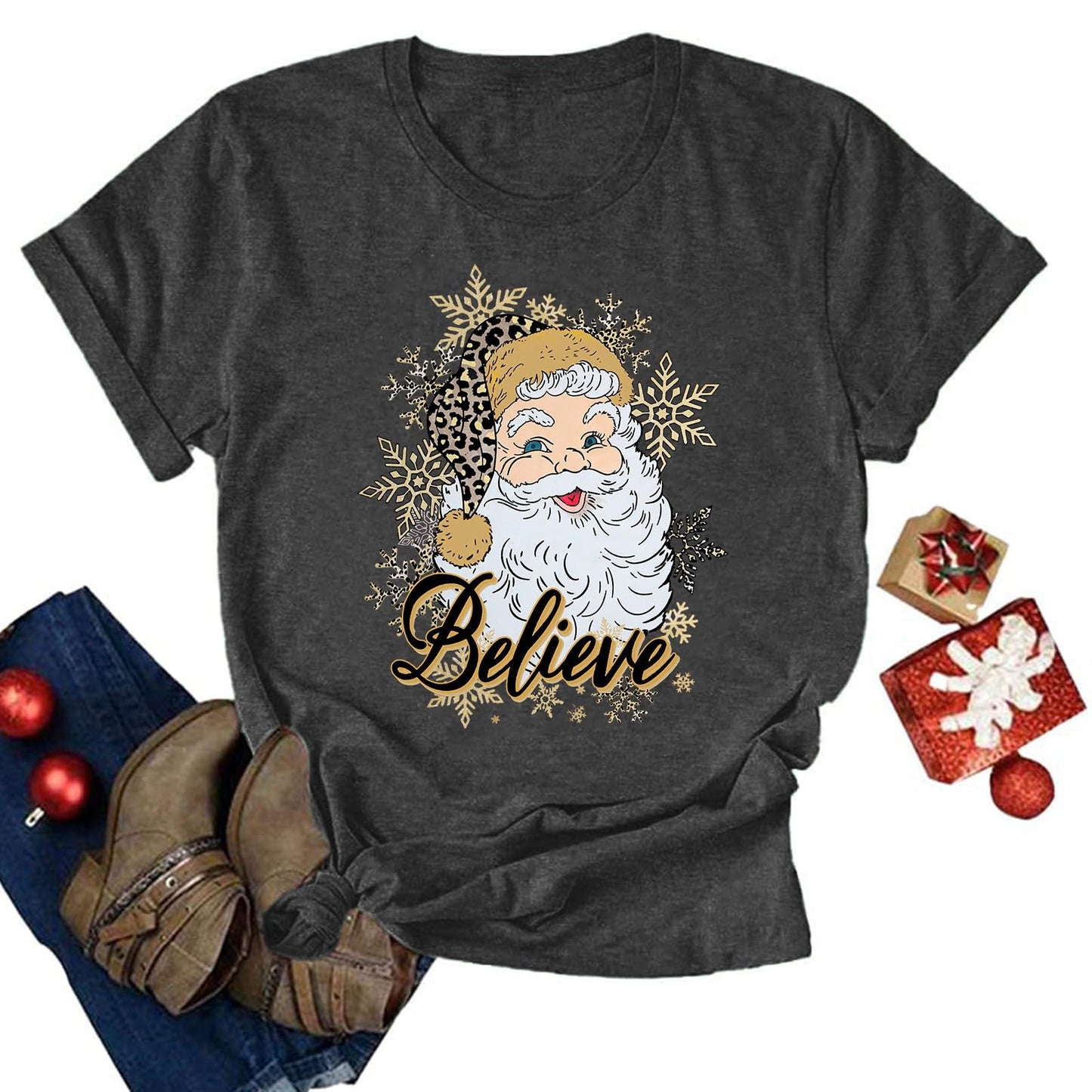 Believe Christmas Shirt for Women Christmas Tree Graphic T-Shirts Believe Letter Print Tees Holiday Tops