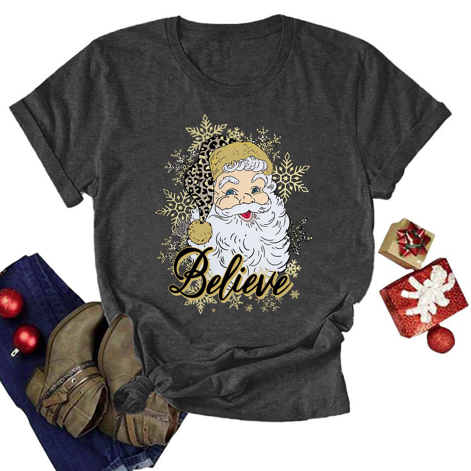 Believe Christmas Shirt for Women Christmas Tree Graphic T-Shirts Believe Letter Print Tees Holiday Tops