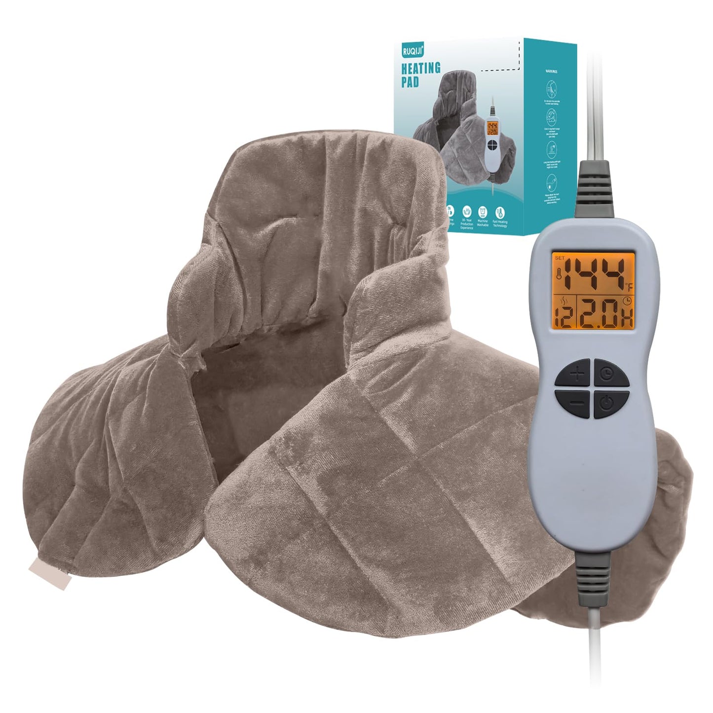 26" x 35" Flannel Neck&Shoulder&Back Heating Pad with 12 Temperature Settings&Countdown Timer, Pain Relief for Back/Neck/Shoulders/Menstrual Pain, Christmas Gifts for Women Men Mom Dad(Light Tan)