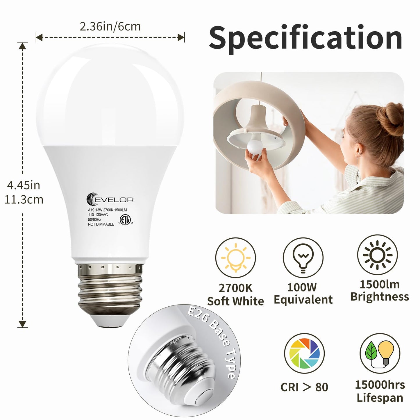 6-Pack A19 LED Light Bulbs,60 Watt Equivalent Daylight 5000K with E26 Base,Efficient 9W,800 Lumens Non-Dimmable LED Bulbs,15000 Hours, Ideal for Bedroom Living Room