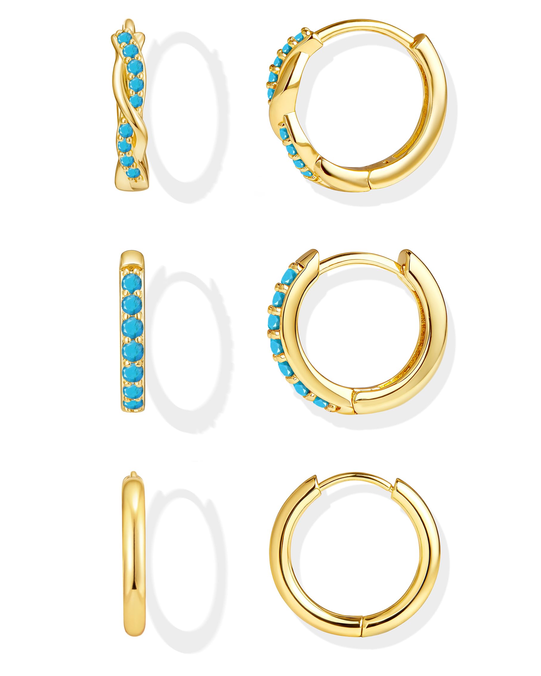 Inerney Gold Huggie Hoop Earrings Set for Women, Dainty Small Sterling Silver Earring Stacks Hypoallergenic Jewelry for Multiple Piercings, Trendy Twisted Cute Cartilage Hoops Birthstone Gift 3 Pairs