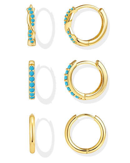 Inerney Gold Huggie Hoop Earrings Set for Women, Dainty Small Sterling Silver Earring Stacks Hypoallergenic Jewelry for Multiple Piercings, Trendy Twisted Cute Cartilage Hoops Birthstone Gift 3 Pairs