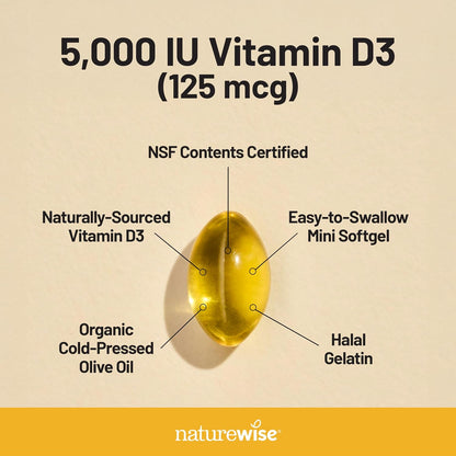 NatureWise Vitamin D3 5000iu (125 mcg) 1 Year Supply for Immune Support, Healthy Muscle Function, and Bone Health - Non-GMO, Gluten Free in Organic Extra Virgin Olive Oil, (Mini Softgel), 360 Count