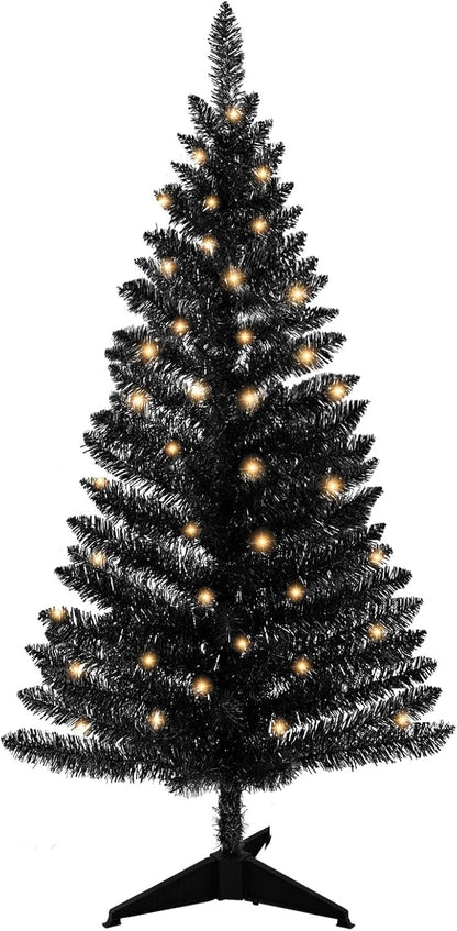 4ft Lighted Artificial Black Christmas Tree, Not Pre-lit Black Tinsel Pine Trees with Lights, Ideal for Ideal for Home, Office, and Xmas Party Décor - Includes Stand