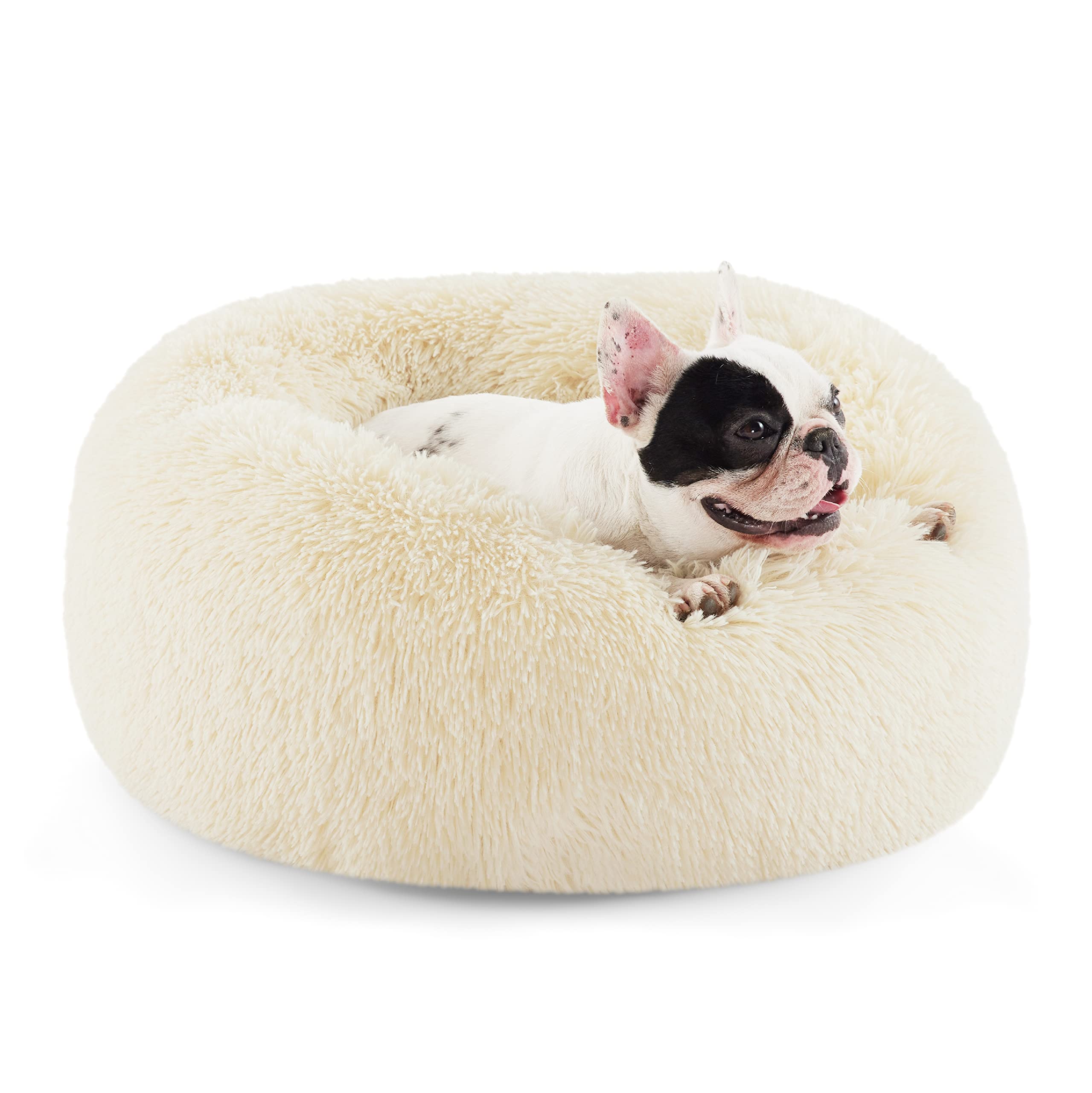 Bedsure Calming Dog Bed for Small Dogs - Donut Washable Small Pet Bed, 23 inches Anti-Slip Round Fluffy Plush Faux Fur Large Cat Bed, Fits up to 25 lbs Pets, Camel