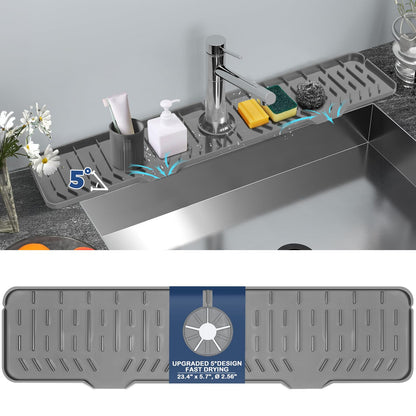 Silicone Faucet Handle Drip Catcher Tray Mat, Silicone Faucet Mat Dish Soap Sponge Holder for Kitchen Sink Accessories Gadgets, Drying Mat for Kitchen Counter Bathroom Kitchen Sink Splash Guard -Grey