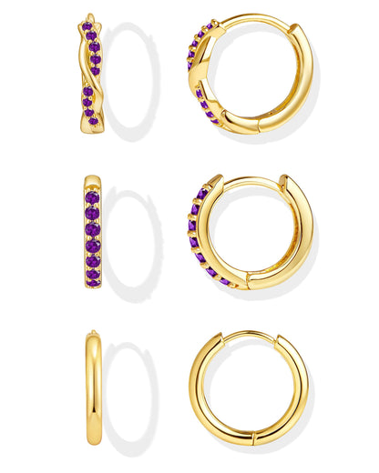 Inerney Gold Huggie Hoop Earrings Set for Women, Dainty Small Sterling Silver Earring Stacks Hypoallergenic Jewelry for Multiple Piercings, Trendy Twisted Cute Cartilage Hoops Birthstone Gift 3 Pairs