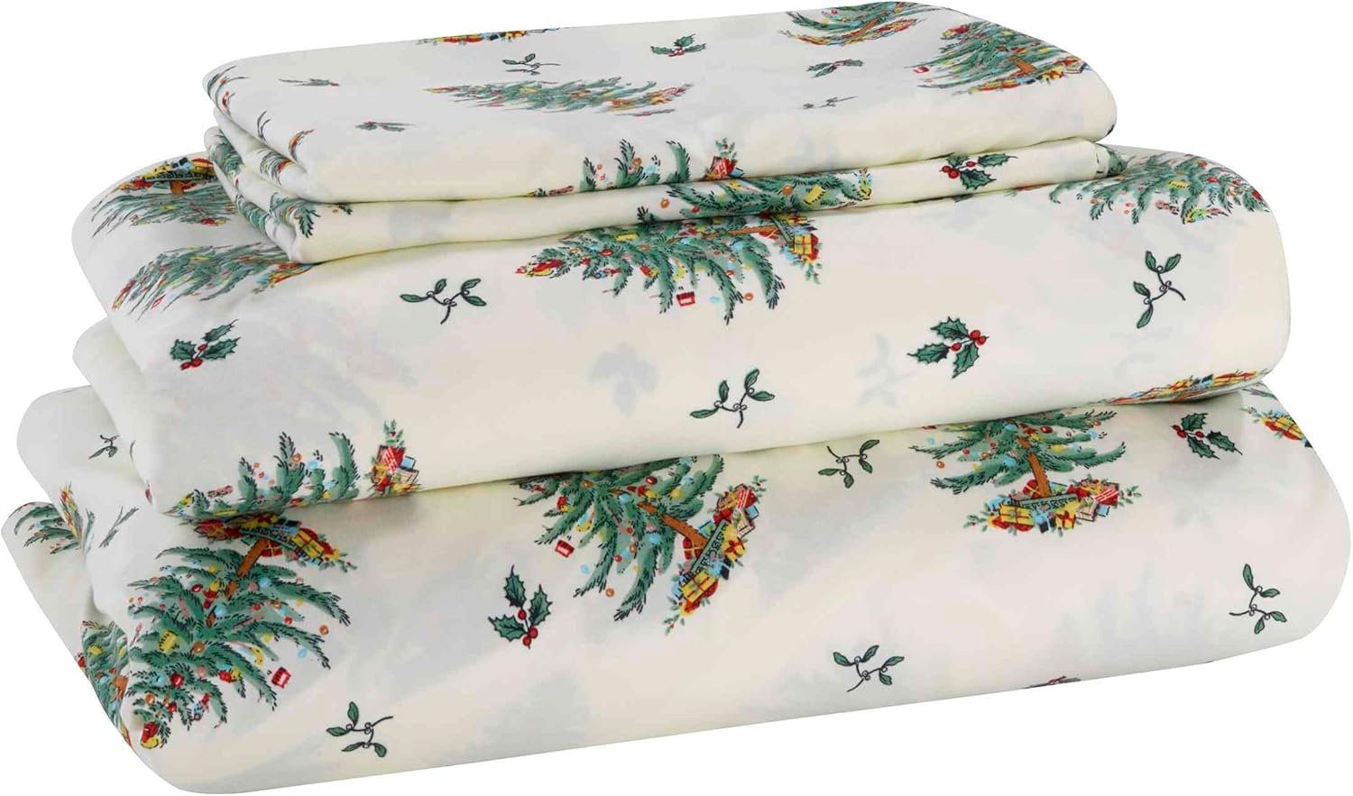 Spode - King Sheets, Cozy 4-Piece Set with Matching Pillowcases, Holiday Room Decor (Spode Christmas Tree Ivory, King)