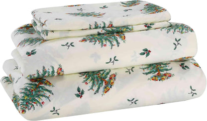 Spode - King Sheets, Cozy 4-Piece Set with Matching Pillowcases, Holiday Room Decor (Spode Christmas Tree Ivory, King)