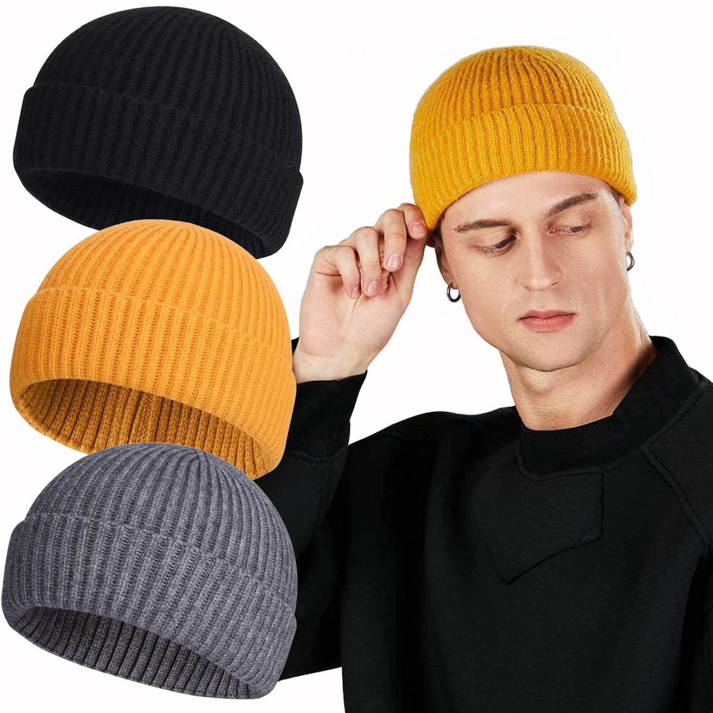 ROYBENS Swag Wool Knit Cuff Short Fisherman Beanie for Men Women, Winter Warm Hats