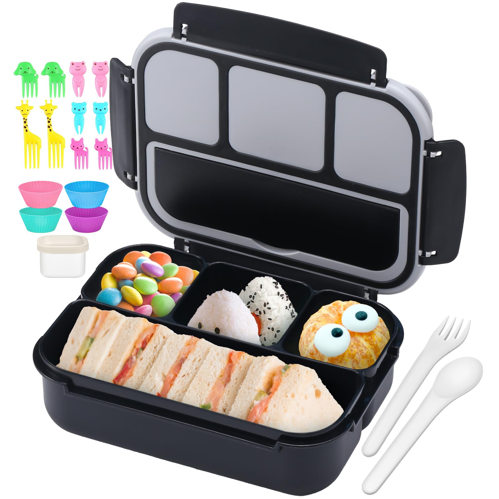 QQKO Bento Lunch Box for Kids Girls Boys, Toddler Kids Lunch Boxes for School, Lunch Containers for Adults with 4 Compartments, Sauce Container, Utensils, Food Picks and Muffin Cups, Purple