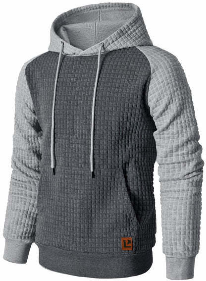 Men’s Sweatshirts Long Sleeve Pullover Patchwork Plaid Jacquard Hoodie Casual Drawstring Hoody Top