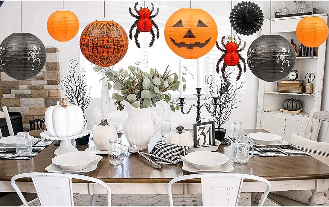 UNIQOOO 12Pcs Halloween Hanging Decorations Paper Lanterns, Jack-O'-Lantern Spider Skeleton Pumpkin for Indoor & Outdoor Spooky Home Decor, Party Supplies Props, 12" & 8" (Orange, Black)