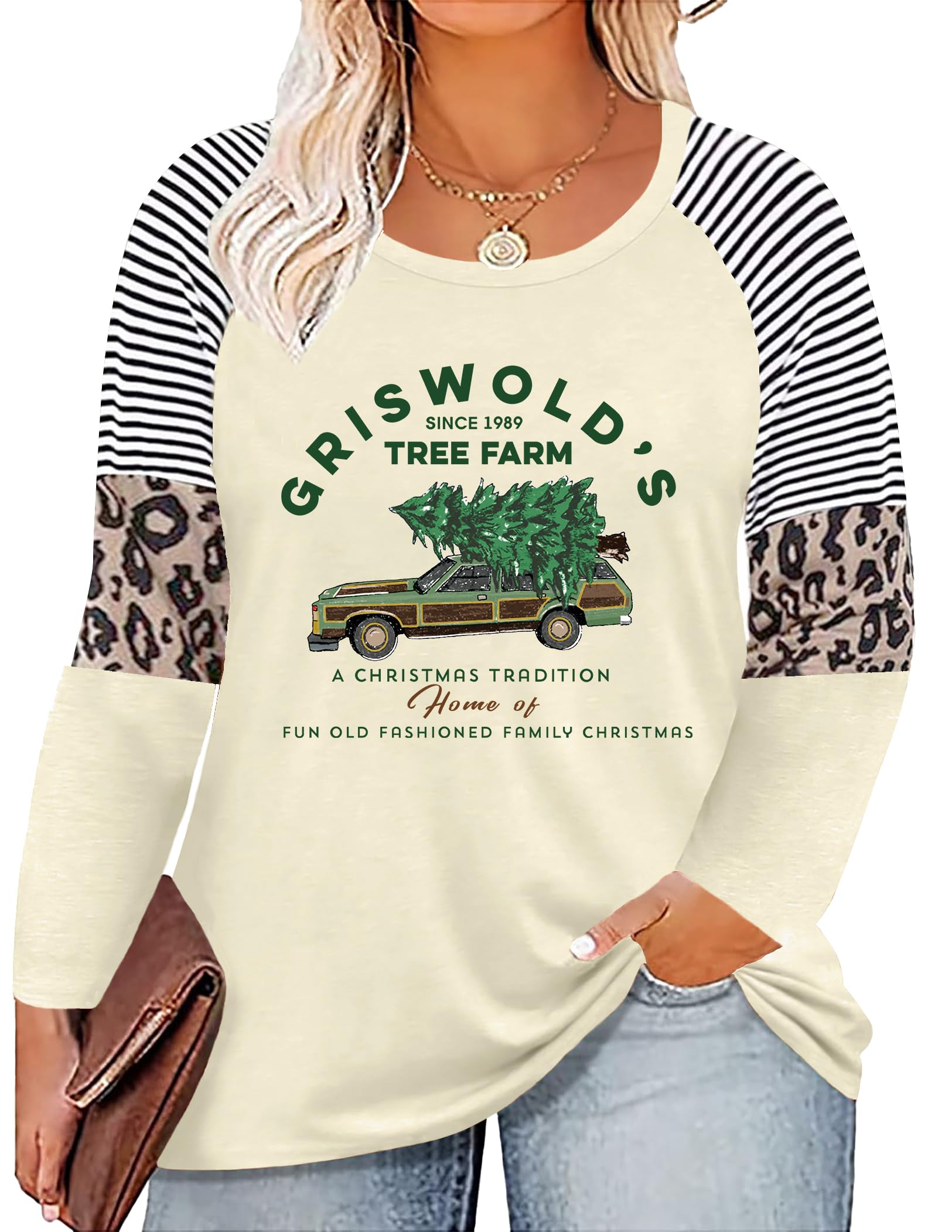 Plus Size Christmas T Shirt Women Xmas Leopard Plaid Trees Print Tees Casual Long Sleeve Holiday Shirts Top