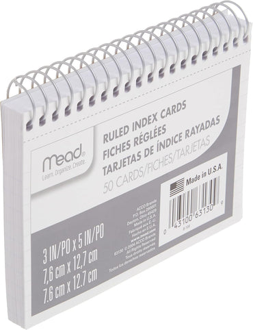 Mead Index Cards, Spiral, Ruled, 3" x 5", White, Blank Back, 50 Cards per Pack, 1 Pack (63130)