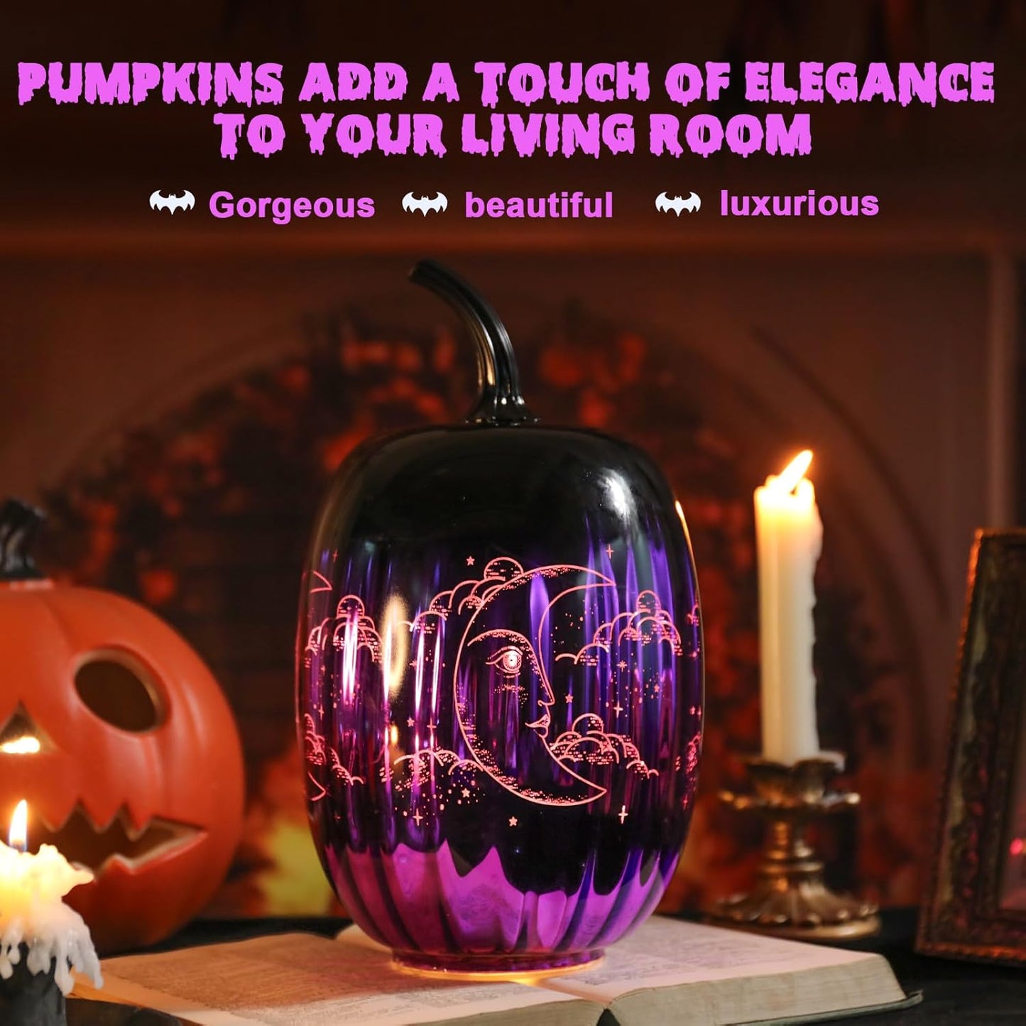 VCUTEKA Glass Pumpkin Lights, Lighted Pumpkins Halloween Decorations for Home, Pumpkin for Indoor Decor and Thanksgiving Centerpieces Tables Decor, Purple