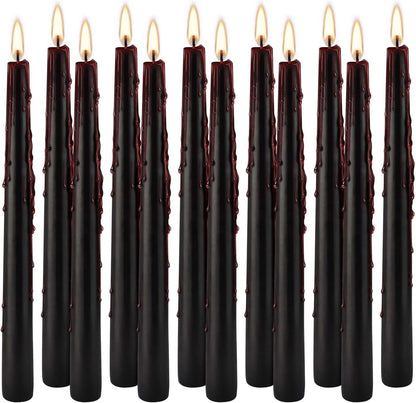 12PCS 10-Inch Black Bleeding Taper Candles,Vampire Tears Taper Candles- Unscented Ideal for Halloween, Christmas, Rituals, and Themed Party Decor