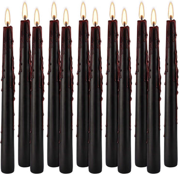 12PCS 10-Inch Black Bleeding Taper Candles,Vampire Tears Taper Candles- Unscented Ideal for Halloween, Christmas, Rituals, and Themed Party Decor