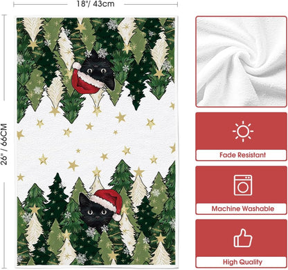 Artoid Mode Black Cat Star Xmas Tree Christmas Kitchen Towels Dish Towels, 18x26 Inch Farmhouse Holiday Winter Decoration Cleaning Set of 2