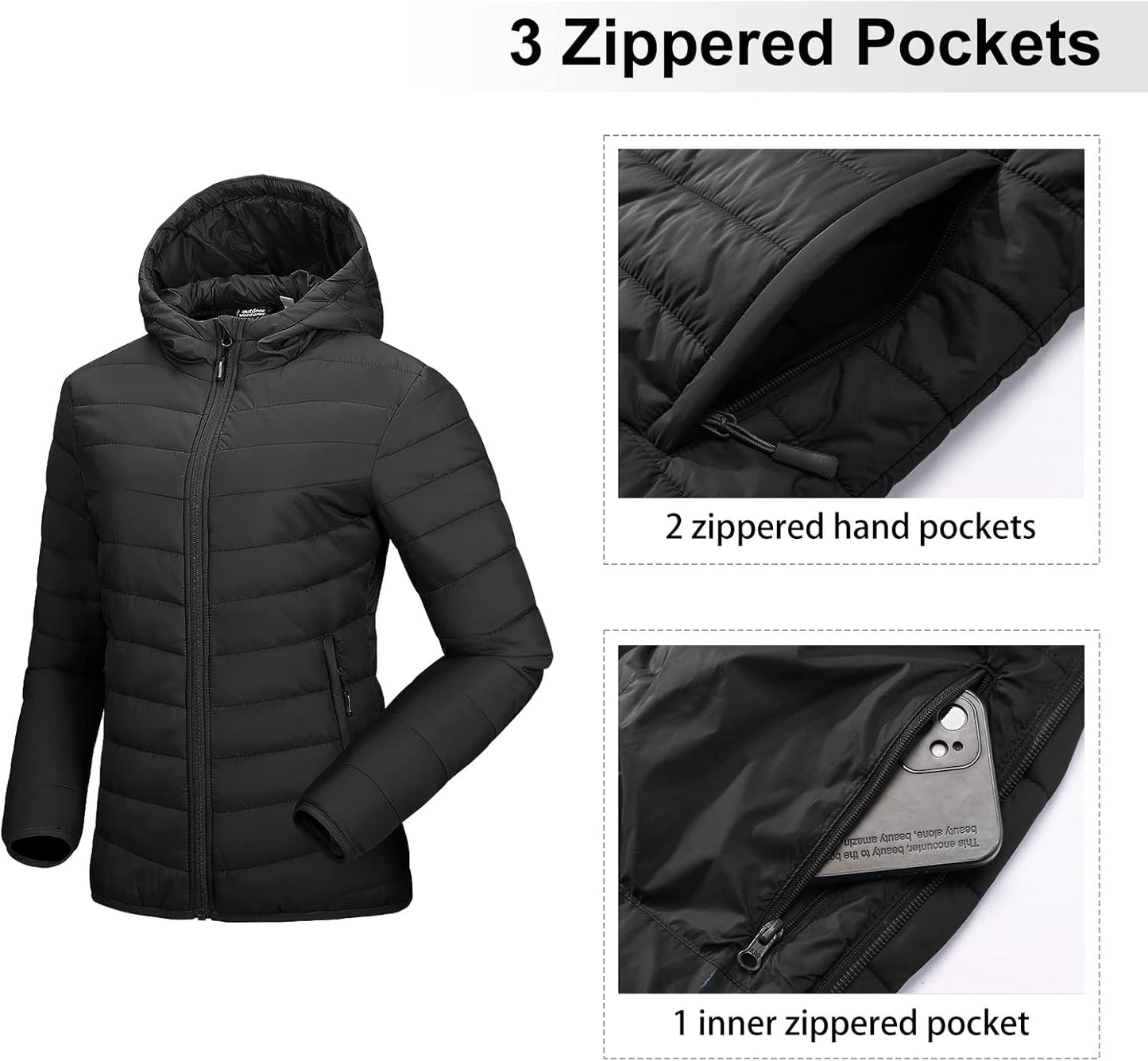 Outdoor Ventures Women's Packable Lightweight Full-Zip Puffer Jacket with Hood Quilted Winter Coat