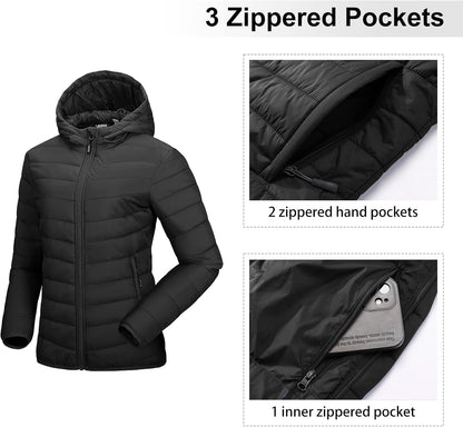 Outdoor Ventures Women's Packable Lightweight Full-Zip Puffer Jacket with Hood Quilted Winter Coat