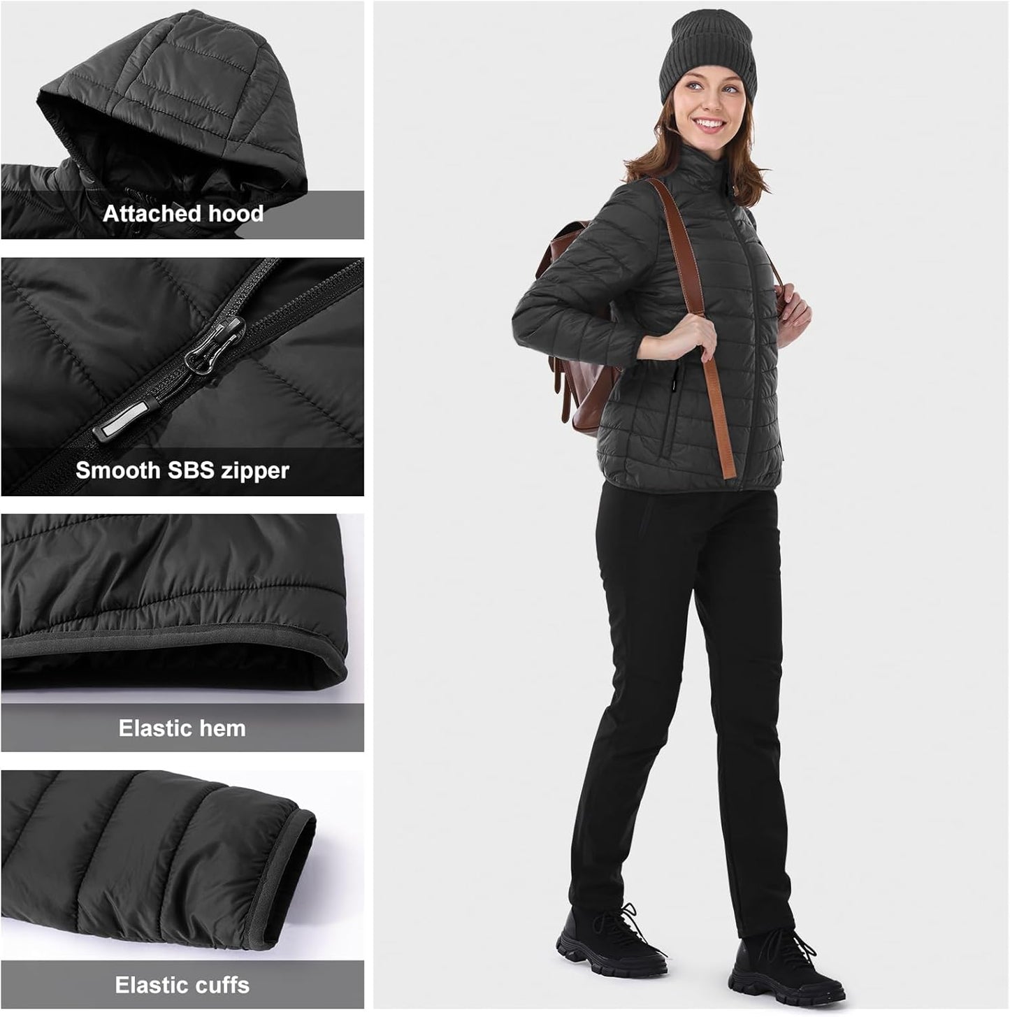 Outdoor Ventures Women's Packable Lightweight Full-Zip Puffer Jacket with Hood Quilted Winter Coat