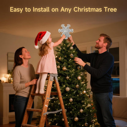 Christmas Tree Topper Lighted with Built-in LED Rotating Snowflake Projector, 3D Hollow Glitter Silver Snowflake Tree Topper for Xmas Party Holiday Christmas Decorations