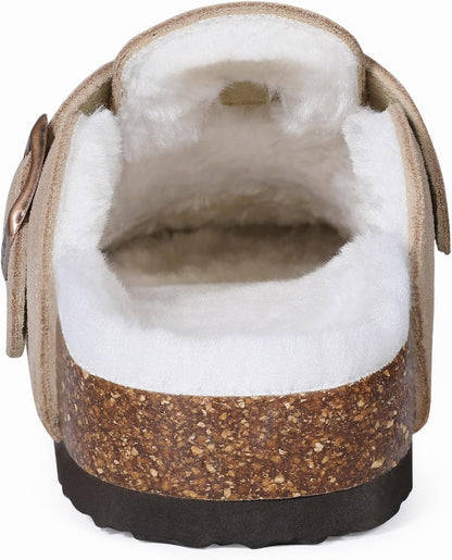 KIDMI Women's Fur Lined Suede Clogs Fuzzy Cork Footbed Mules Slip On Winter Potato Shoes