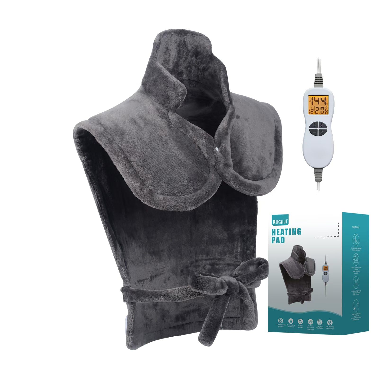 26" x 35" Flannel Neck&Shoulder&Back Heating Pad with 12 Temperature Settings&Countdown Timer, Pain Relief for Back/Neck/Shoulders/Menstrual Pain, Christmas Gifts for Women Men Mom Dad(Light Tan)