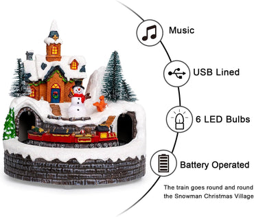 Animated Musical Christmas Village Figurines Christmas Collectibles Statues Church Building and Snowman with Rotating Train LED Lights, Battery & USB Home Decor Gifts Festive Holiday Decorations