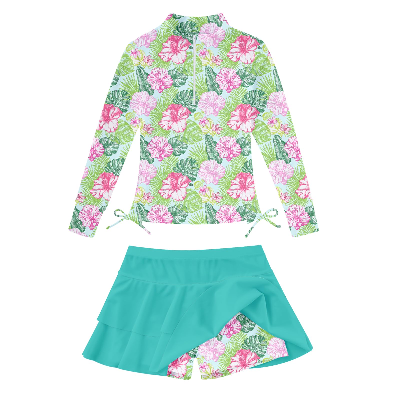 Vogseek 3-12T Girls Rash Guard 2 Pieces Bathing Suit Long Sleeve Swimsuit Swimming Skirt with Shorts Swimwear