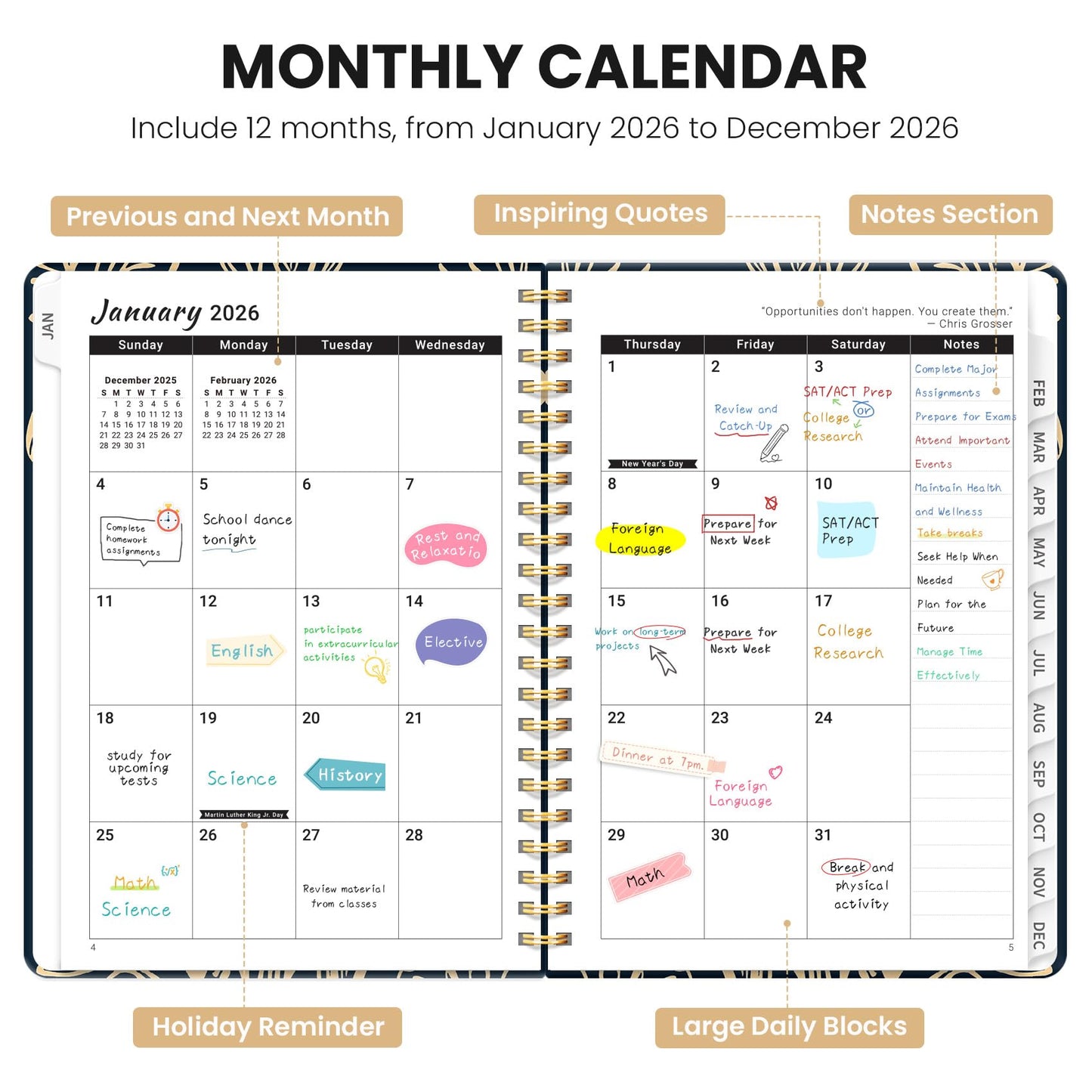 Hardcover 2026 Planner, Weekly and Monthly Calendar, Jan - Dec 2026 Planner Book with Tabs for Women, Inner Pocket, Spiral Bound, Perfect for Office/Home/School Supplies, Petals, A5, 6.3" x 8.5"