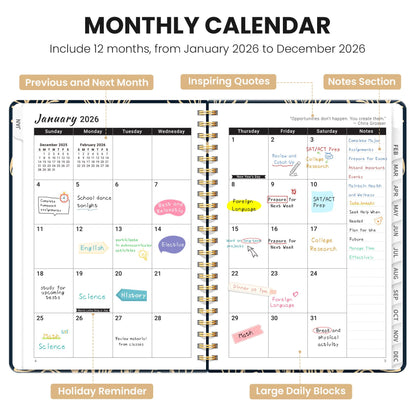 Hardcover 2026 Planner, Weekly and Monthly Calendar, Jan - Dec 2026 Planner Book with Tabs for Women, Inner Pocket, Spiral Bound, Perfect for Office/Home/School Supplies, Petals, A5, 6.3" x 8.5"