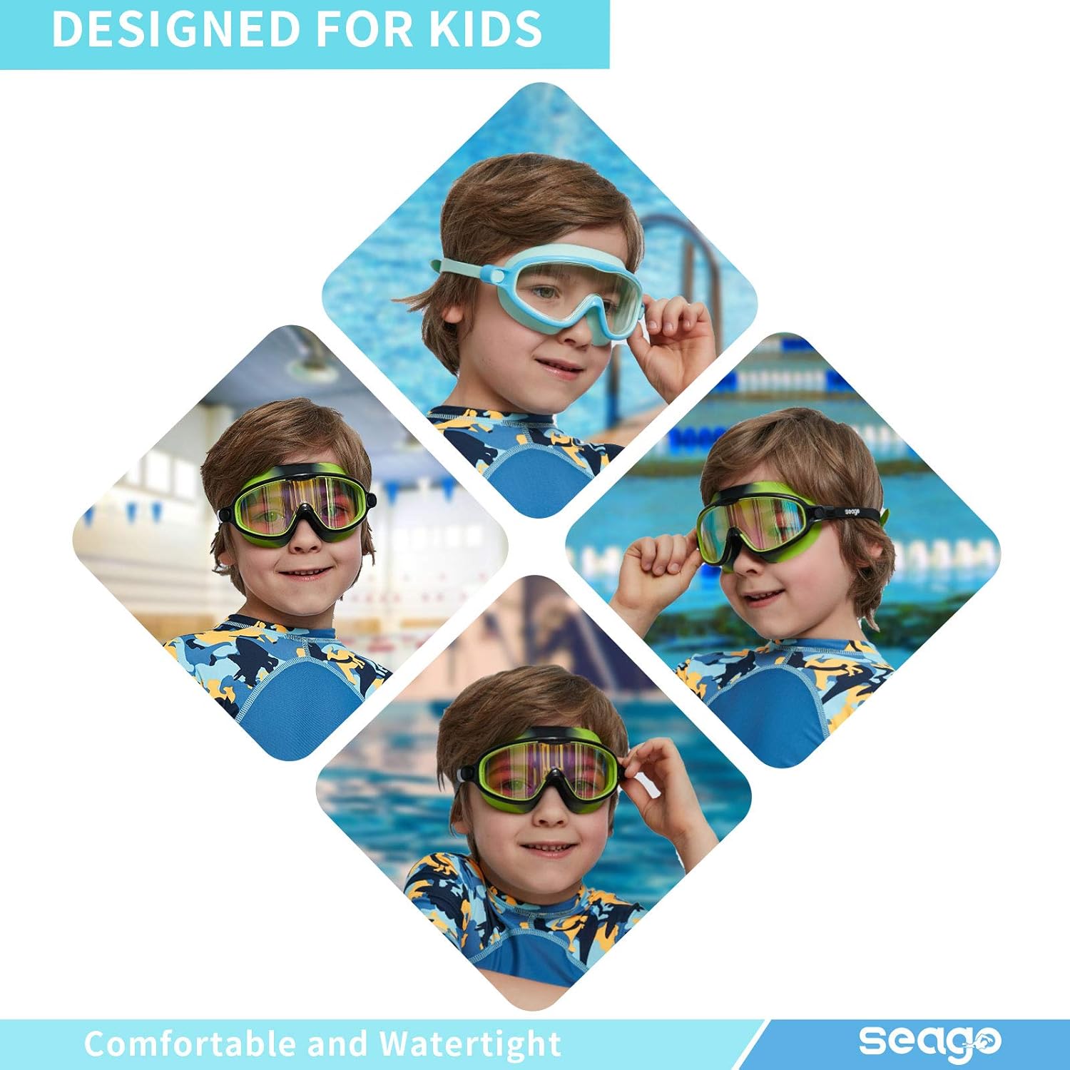 Seago Swim Goggles 2 Pack Anti-Fog Anti-UV Wide View Swimming Goggles for Kids 3-14